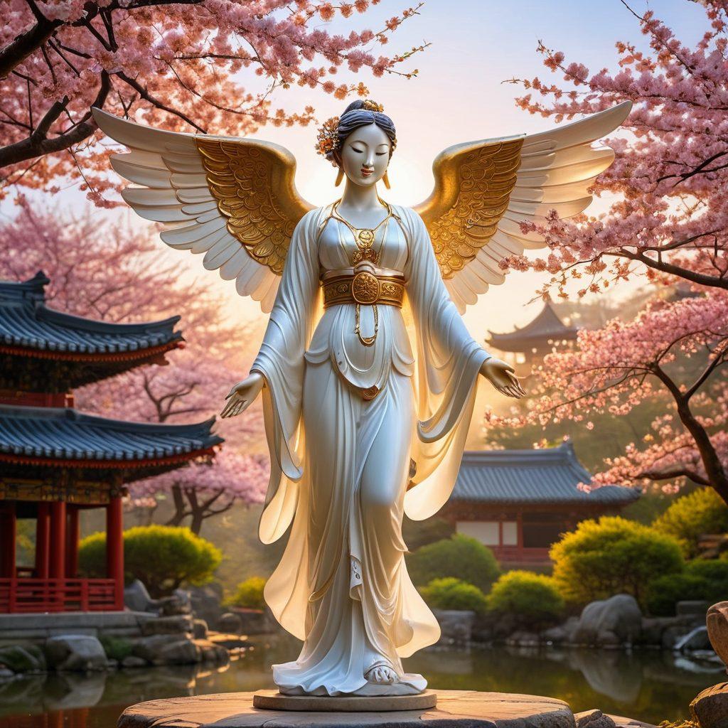 A mystical depiction of a seraphim angel, radiating a serene glow, adorned with intricate Asian cultural motifs and vibrant colors, soaring over a tranquil landscape with cherry blossoms in the foreground. Ethereal light beams shine down, creating a spiritual ambiance around the figure. The background includes traditional Asian architecture to enhance cultural richness. super-realistic. vibrant colors. serene atmosphere.