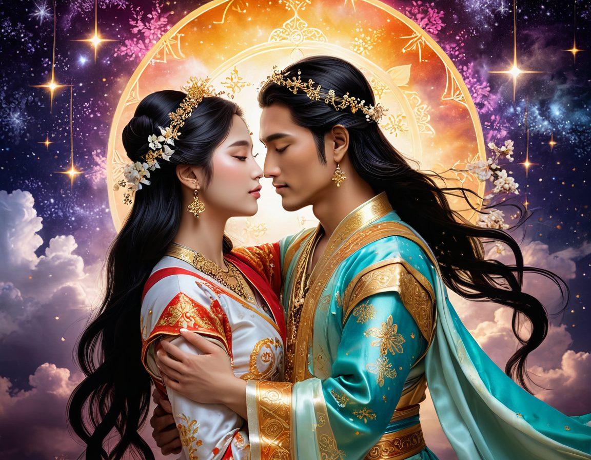 A celestial scene depicting heavenly beings entwined in a vibrant, passionate embrace against a backdrop of shimmering stars and ethereal clouds. The beings are adorned in traditional Asian attire, with intricate patterns and glowing motifs that highlight their divine connection. Surround them with gentle blossoms and soft light that radiate warmth and love, capturing the essence of romance in the heavens. fantasy art. vibrant colors. ethereal glow.