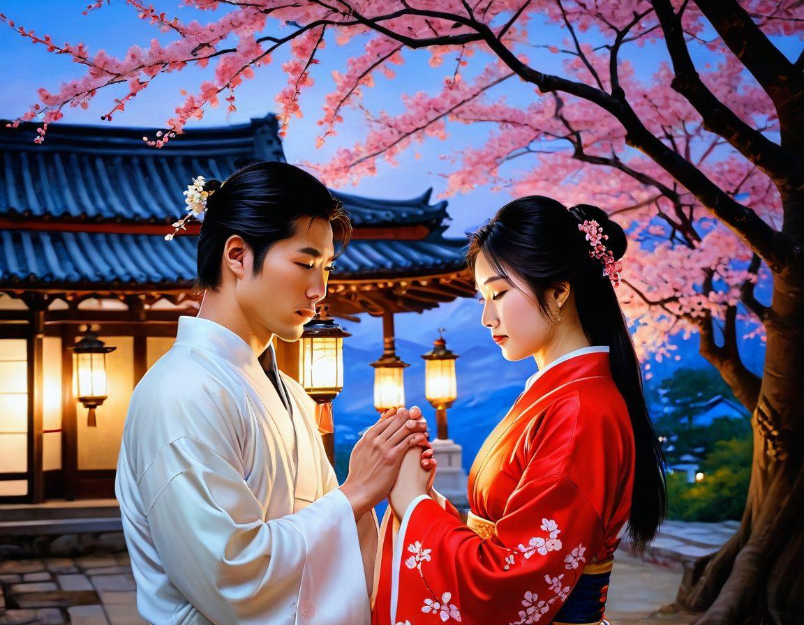 A warm and intimate scene depicting two lovers from an Asian culture, surrounded by delicate cherry blossoms and soft lantern light. Their hands are gently intertwined, conveying deep affection as they share a tender gaze. In the background, traditional architecture subtly blends with nature, symbolizing divine relationships. The atmosphere is serene, evoking feelings of romance and connection. vibrant colors. painting.